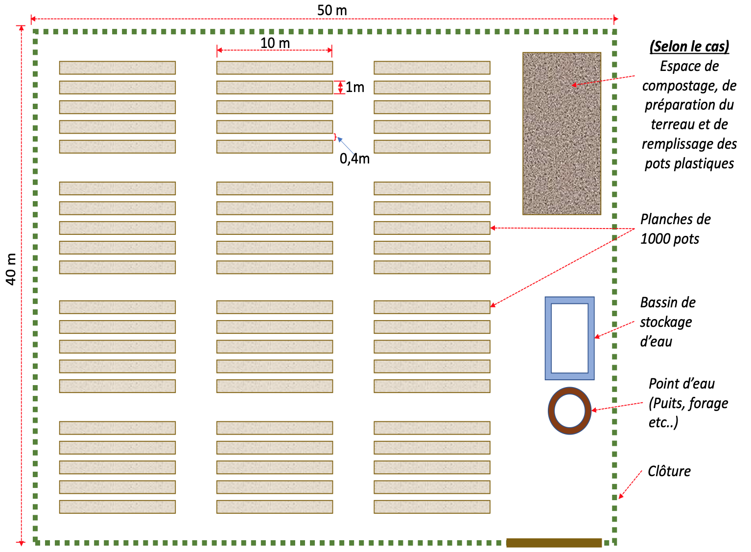 Illustration du plan et des dimensions d’une pépinière privée (Dr Sani M. A. G).png